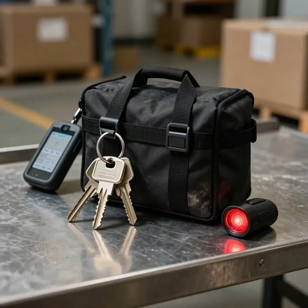 Dispatch kit with keys, tote latch, GPS cradle and glowing beacon on steel ledge