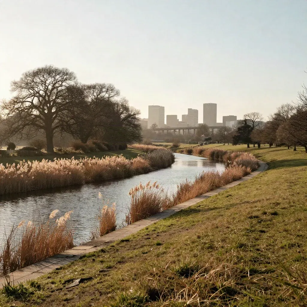 West Midlands canal parkland with a faint Birmingham skyline in warm haze.